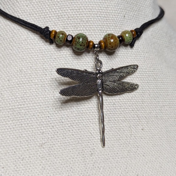Dragonfly Pendant Green Ceramic beaded Boho Hippie Adjustable Choker Nec… - Picture 2 of 3